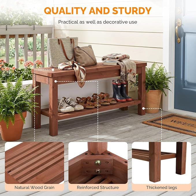 VINGLI Rustic Storage Bench, Solid Wood Seat with Storage Shelf, Indoor Outdoor Shoe Rack, 450lbs Capacity Small Outdoor Bench for Mudroom Entryway Patio Porch (Brown, 40in)