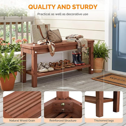 VINGLI Rustic Storage Bench, Solid Wood Seat with Storage Shelf, Indoor Outdoor Shoe Rack, 450lbs Capacity Small Outdoor Bench for Mudroom Entryway Patio Porch (Brown, 40in)