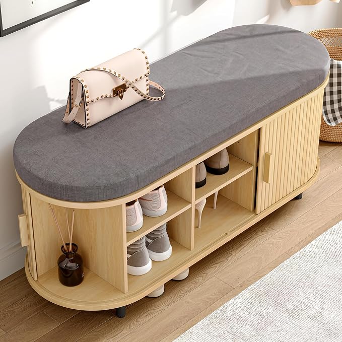 ONBRILL 43" Shoe Bench with Storage, Fluted Shoe Storage Bench with Cushion, Sliding Door and Adjustable Shelf, for Entryway, Hallway, Living Room, Oak