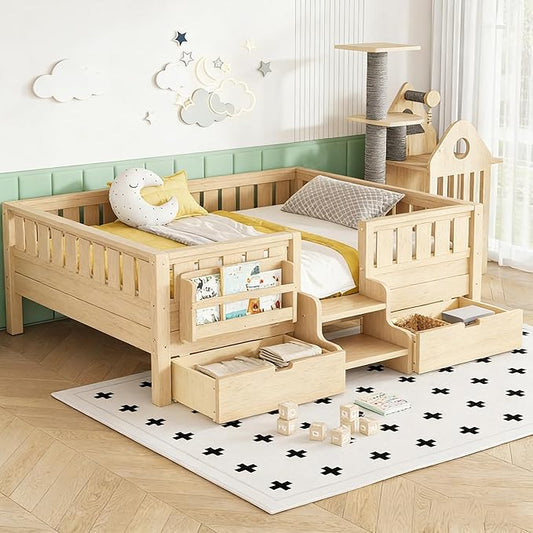 Bellemave Full Size Kids Montessori Bed with Stairs and Bookshelf,Solid Wood Full Size Kids Bed Frame with Drawers and Storage for Girls Boys,Low-Profile,Light Natural