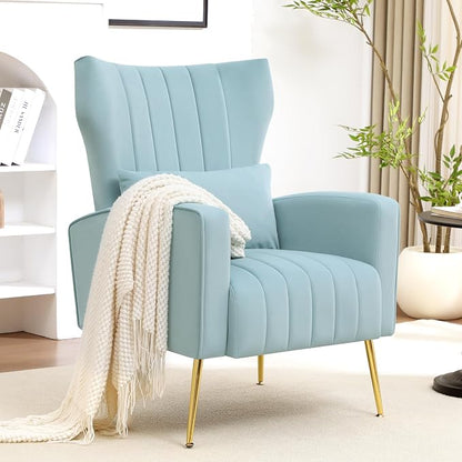 Modern Accent Chair Upholstered Living Room Chair,High Back Arm Chair with Metal Legs Lumbar Reading Chair for Bedroom, Apartment, Small Spaces Sky Blue