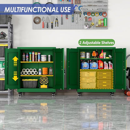 35.4" Metal Garage Storage Cabinet with Wheels and Locking Doors | Tall Rolling Steel Tool Cabinet with 2 Adjustable Shelves for Garage,Home,Office,Shop (Green, 35.4''H x 27.6''W x13.8''D)