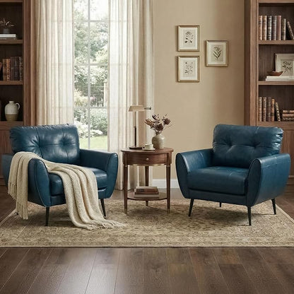 TYBOATLE Accent Chairs Set of 2, Comfy Modern Living Room Blue Faux Leather Reading Accent Chairs Tufted Mid Century Arm Chair Small Salon Chair for Office Bedroom (2, Blue)