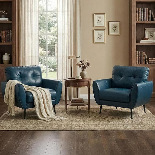 TYBOATLE Accent Chairs Set of 2, Comfy Modern Living Room Blue Faux Leather Reading Accent Chairs Tufted Mid Century Arm Chair Small Salon Chair for Office Bedroom (2, Blue)