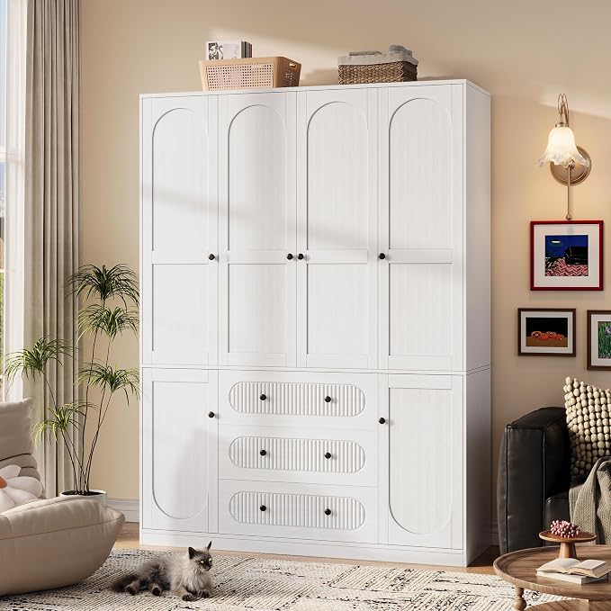 TOKSOM 4 Doors Freestanding Armoire Wardrobe Closet, 72" White Wardrobe Armoire Wooden Closet Large Capacity Storage with 3 Drawers & 3 Hanging Rod Shelves Clothes Organizer