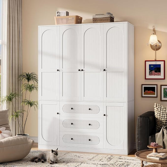 TOKSOM 4 Doors Freestanding Armoire Wardrobe Closet, 72" White Wardrobe Armoire Wooden Closet Large Capacity Storage with 3 Drawers & 3 Hanging Rod Shelves Clothes Organizer