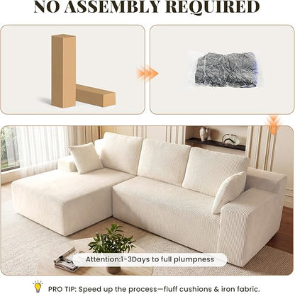 GRUSIGN Cloud Sectional Boneless Couches for Living Room, Modular L Shaped Couch with Deep Seat Oversized Left Facing Chaise, Memory Foam Compressed Spineless 3 Seater Sofa for Apartment, Beige