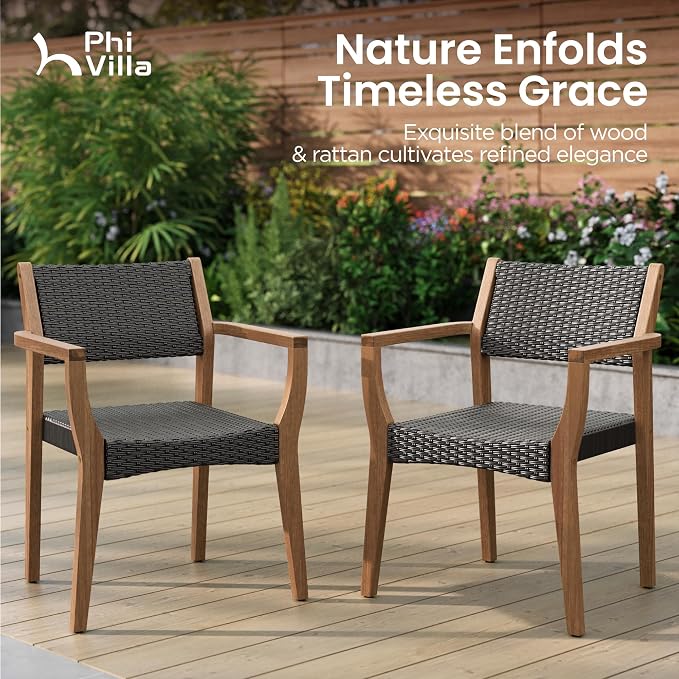 PHI VILLA Outdoor Acacia Wood Chairs Set of 2, Heavy-Duty Patio Dining Armchairs with Wicker Back & Seat, Farmhouse Style Teak Seating Furniture for Deck, Yard, Balcony