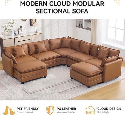 137'' V Shaped Cloud Sectional Sofa, Oversized Deep Seat Leather Couches for Living Room, Comfy Upholstered Modular Sectional Sofa Couch with 2 Movable Ottoman, Leather Light Brown