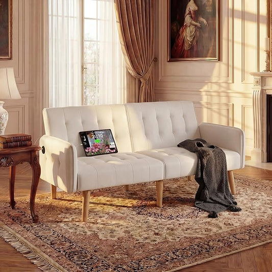 TYBOATLE Modern White Faux Leather Upholstered Convertible USB Folding Futon Sofa Bed, 65" Couch, Love Seats Furniture for Small Space Configuration, Apartment, Dorm, Living Room, Office