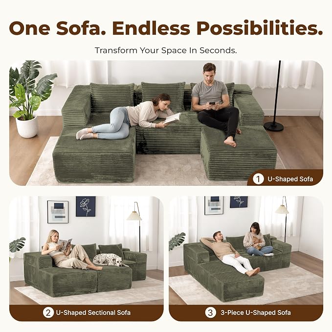Modular Sectional U-Shaped Sofa with Deep Seat, Modern Boneless Comfy Corduroy Fluffy Couch with Side Pockets and Anti-Slip & Floor-Friendly Bottom for Living Room, No Assembly, Green