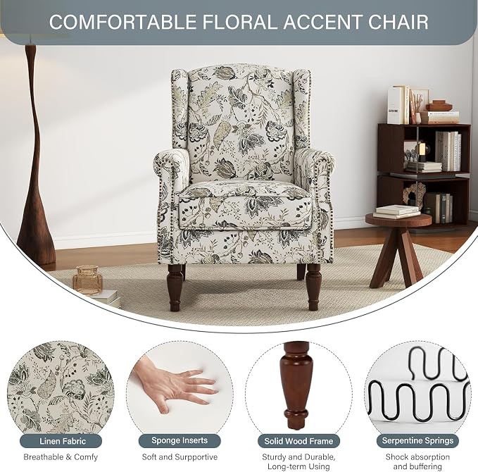 High Back Accent Chairs Set of 2, Fabric Upholstered Armchair Floral Wingback Chair for Living Room, Comfy Solid Wood Legs Bedroom Reading Seat - Plants Beige