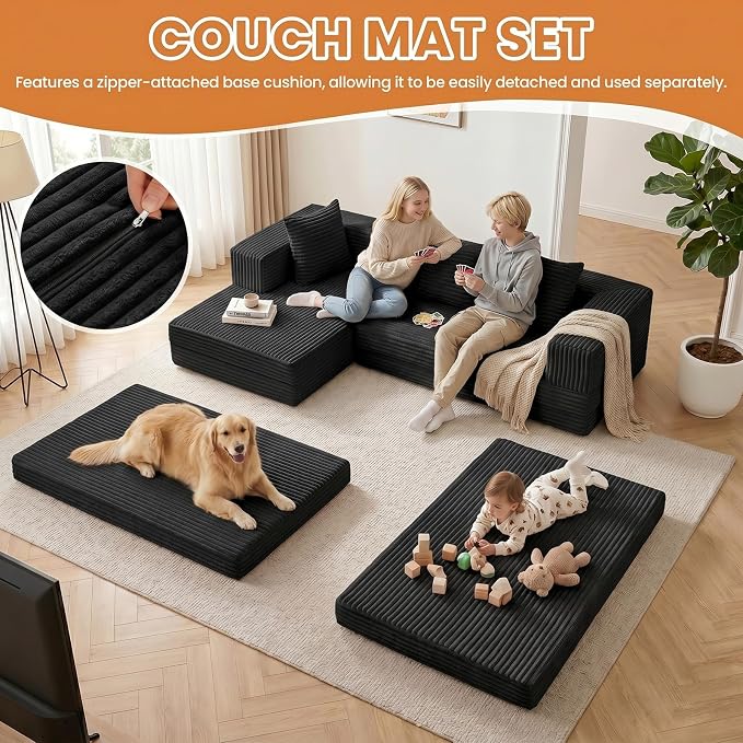 79" Modular Sectional Sofa, Boneless Convertible Sleeper Sofa Bed, Modern Tri-Folding Cloud Couch with L-Shape Chaise, Corduroy Futon for Living Room Small Spaces Apartment, No Assembly