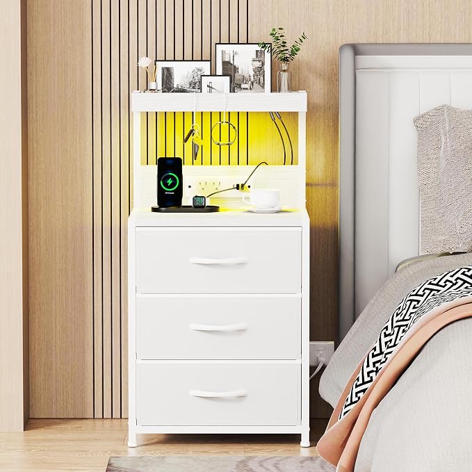 Night Stand with Charging Station Set of 2, LED Nightstand Bedside Table with USB Ports and Outlets, 3 Fabric Drawer End Side Table Night Stand Set 2 for Bedroom with Storage Shelf and 2 Hooks, White