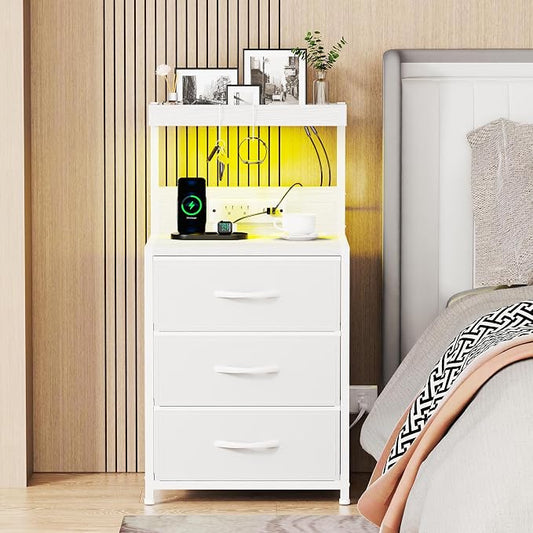 Night Stand with Charging Station Set of 2, LED Nightstand Bedside Table with USB Ports and Outlets, 3 Fabric Drawer End Side Table Night Stand Set 2 for Bedroom with Storage Shelf and 2 Hooks, White