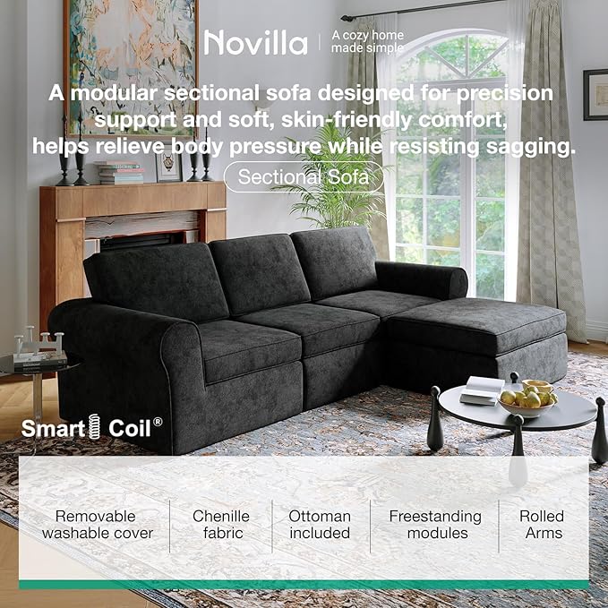 Novilla 108" Modular Sectional Sofa, Modular Sectional Couches for Living Room Bedroom, Chenille Removable Cover Cloud Couch Sectional with Smarts Coil® Support L-Shaped Couch(Dark Grey, 3 Seater)