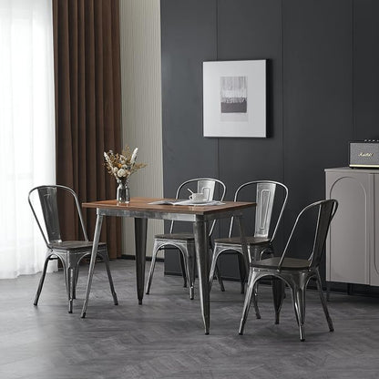 Nazhura Metal Dining Chair Farmhouse Tolix Style for Kitchen Dining Room Patio, 18 Inch, Stackable, Waterproof Indoor/Outdoor (Sets of 4) (Brushed Metal with Wood Padding)
