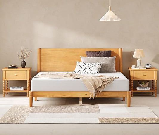 AMERLIFE 3 Piece Bedroom Set Includes Solid Wood Full Platform Bed Frame with Headboard and 2 Nightstands with Spindle-Turned Legs, Mid Century Modern Bedroom Furniture, Natural