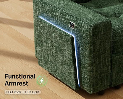 Vipbear 8 Seat U Shaped Modular Sectional Sleeper Sofa with Pull Out Bed/Reclining Backrest/USB Ports/Table/LED Light/Storage Seat, Sectional Sleeper Couch, Tool-Free Assembly, Chenille Green