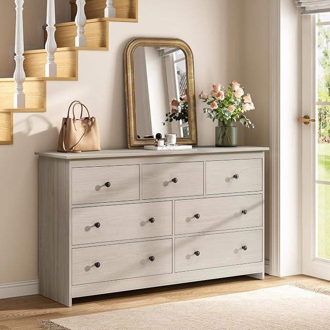 CARPETNAL Dresser for Bedroom, 7 Drawer Dresser 55” Wide Wood Chest of Drawers with Metal Handles, TV Stand, Furniture Storage Dressers Organizer for Living Room, Hallway, Entryway (Walnut)