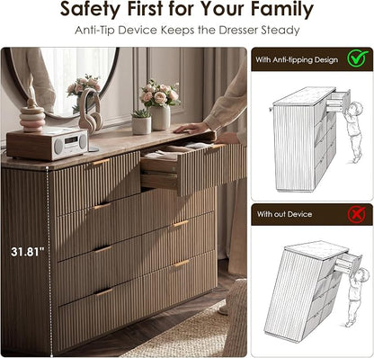 Dresser for Bedroom with 8 Drawers, 54"W Chest of Drawers, Fluted Dresser with Faux Marble Top, Curved Profile Design, Metal Handle, Wood Closet Storage Organizer for Living Room, Hallway, Natural Oak