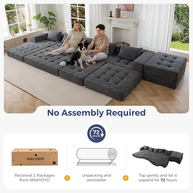 MAXYOYO Modular Sectional Sofa Couch, Foldable U Shaped Cloud Couch with Pillows, Tufted 6-Seat Boneless Lounger Floor Sofa Bed for Living Room, No Assembly Required, Dark Grey
