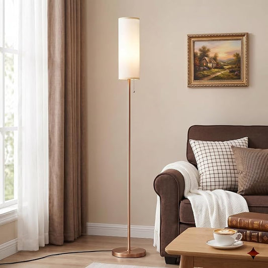 Ambimall Floor Lamp with 3 Color Temperatures Bulb, 64" Standing lamp with Linen lampshade for Bedroom, Minimalist Pole Lamp, White Shade & Brown Pole