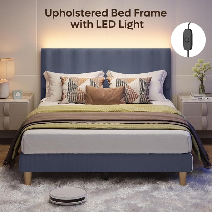 Bestier Bed Frame Queen Size with Headboard LED Lighting,Upholstered,Blue | No Box Spring Needed,Easy Assembly,LED Lighting Headboard,No Squeaks,Vertical Channel Corduroy Upholstered,Wood Slats Support