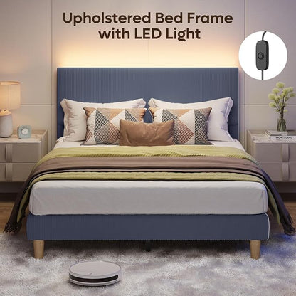 Bestier Bed Frame Queen Size with Headboard LED Lighting,Upholstered,Blue | No Box Spring Needed,Easy Assembly,LED Lighting Headboard,No Squeaks,Vertical Channel Corduroy Upholstered,Wood Slats Support