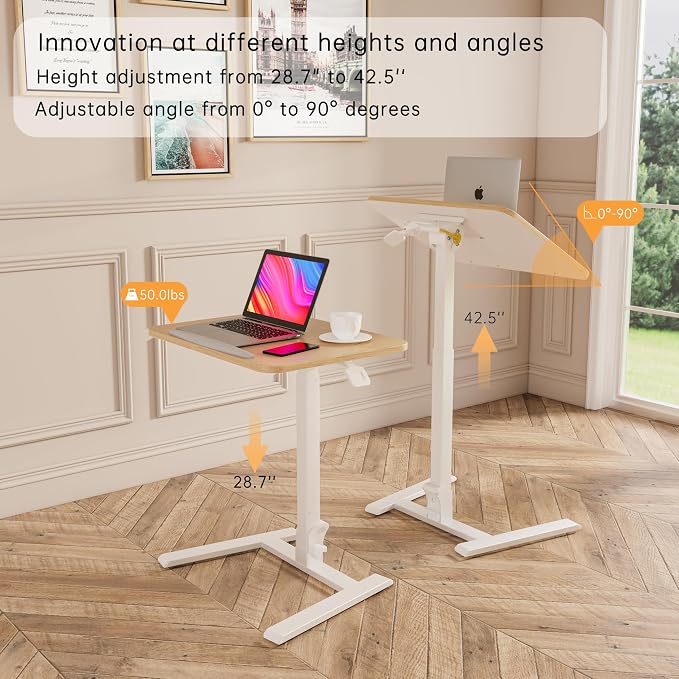 alawooder 25" Mobile Folding Desk: Pneumatic Sit-Stand, No Assembly | 29-42" Height Adjustable Rolling Laptop Desk, Hidden Wheels, 0-90° Tilt Top. Ideal for Home Office, Craft & Study.