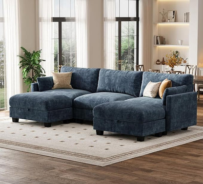 Modular Sectional U Shaped Sofa Couches for Living Room, Cloud Couch with Storage Ottoman, Comfy Chenille Sofa with Pillow, Blue