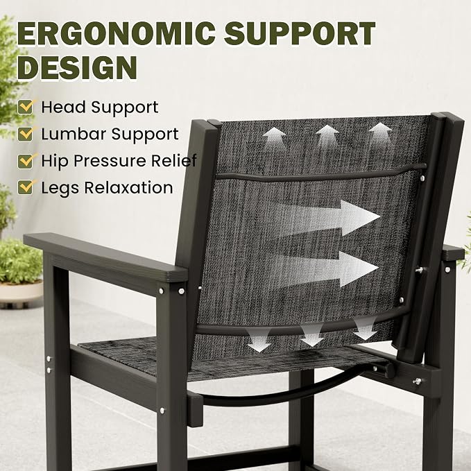 HDPE Outdoor Dining Set for 4, All-Weather Patio Furniture Table and Chair Sets with Umbrella Hole Outdoor Dining Table Sets of 4 Textilene Fabric Patio Chairs for Backyard, Poolside, Garden,Deck