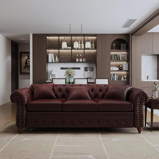 85.8" Tufted Leather Chesterfield Sofa with Storage, PU Chesterfield Couch with 3 Seats, Modern Chesterfield Sofa with Rolled Arm, Button Tufted Sofa for Living Room, Burgundy