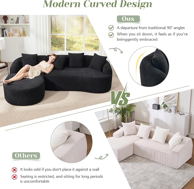 99" Curved Sofa with L-Shape Chaise,Modern Cloud Curved Couch with Deep Seat,No Assembly Required,Upholstered Oversized Couches for Living Room,Apartment (Black, 99Inch)