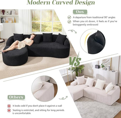 99" Curved Sofa with L-Shape Chaise,Modern Cloud Curved Couch with Deep Seat,No Assembly Required,Upholstered Oversized Couches for Living Room,Apartment (Black, 99Inch)
