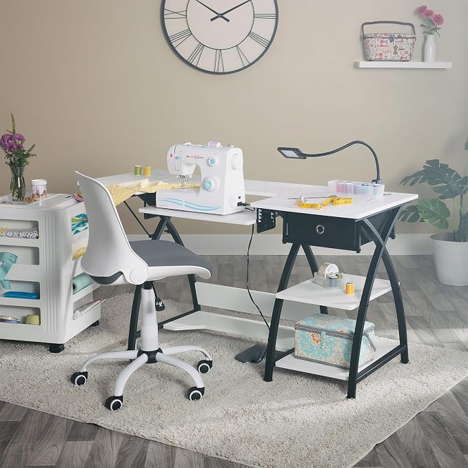 Sew Ready Comet Plus Craft Sewing Table, 56.75 x 23.5" Overall Platform Size with Accurate Fabric Cutting Grid-Top and Storage Drawer, Black/White