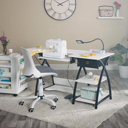Sew Ready Comet Plus Craft Sewing Table, 56.75 x 23.5" Overall Platform Size with Accurate Fabric Cutting Grid-Top and Storage Drawer, Black/White