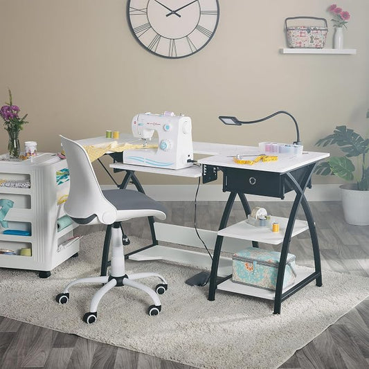Sew Ready Comet Plus Craft Sewing Table, 56.75 x 23.5" Overall Platform Size with Accurate Fabric Cutting Grid-Top and Storage Drawer, Black/White