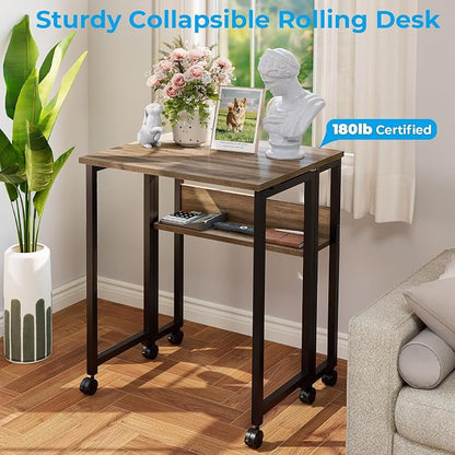 GreenForest Folding Desk with Wheels, 31.5 Inch Compact Rolling Computer Table with Storage Shelf, Portable Mobile Workstation for Small Spaces, Easy Assembly, Grey Wash