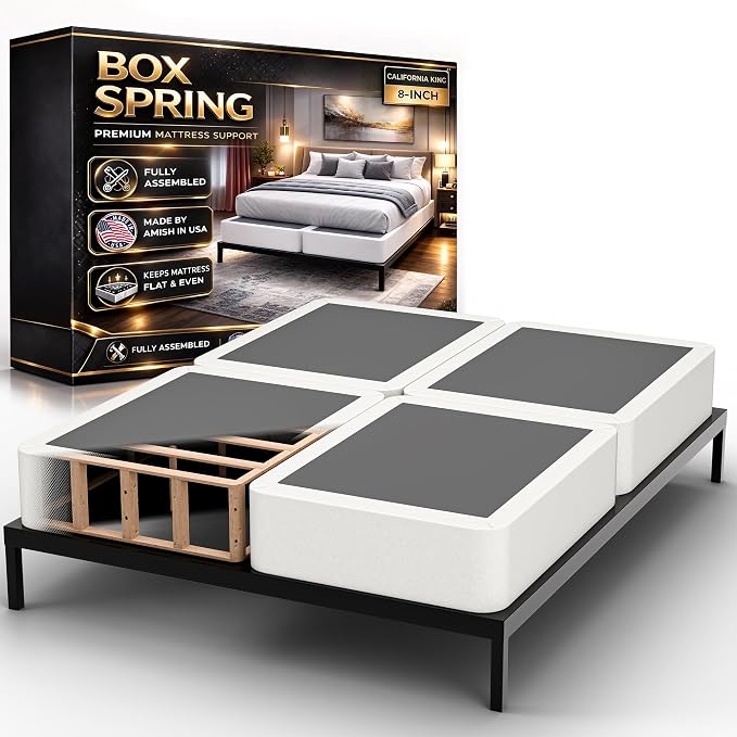 Box Spring Bed Base California King Size, 8-Inch Wood Mattress Foundation – Amish Made in USA – Quiet Noise Free, Under Mattress-Support BoxSpring, Fully Assembled, White