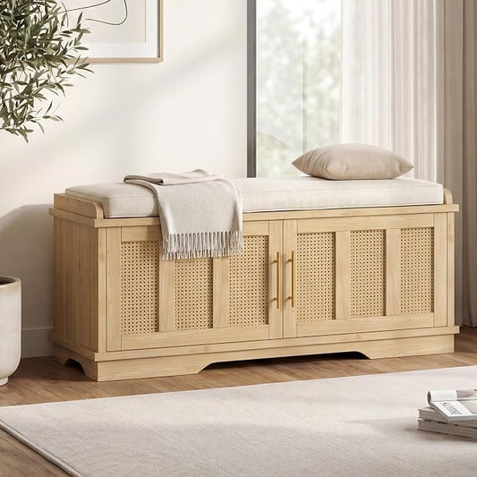 Heybly Shoe Cabinet with Bench, Rattan Entryway Storage Bench with Cushion, Shoe Storage Bench Cabinet with 2 Doors, Adjustable Shelves, Wooden Shoe Bench 39.4" for Living Room Bedroom Hallway HSB002N