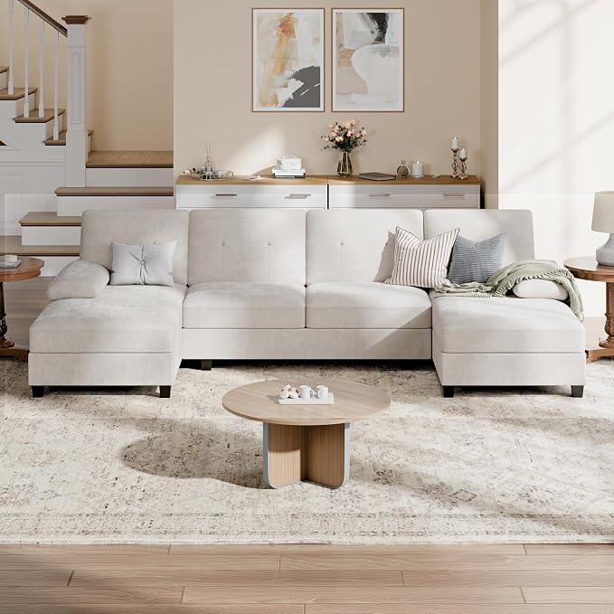 Shintenchi U-Shaped Sectional Couches for Living Room, 4 Seat Sofa with Double Chaise Lounges,Solid Wood Frame Sectional Sofa for Apartment,White