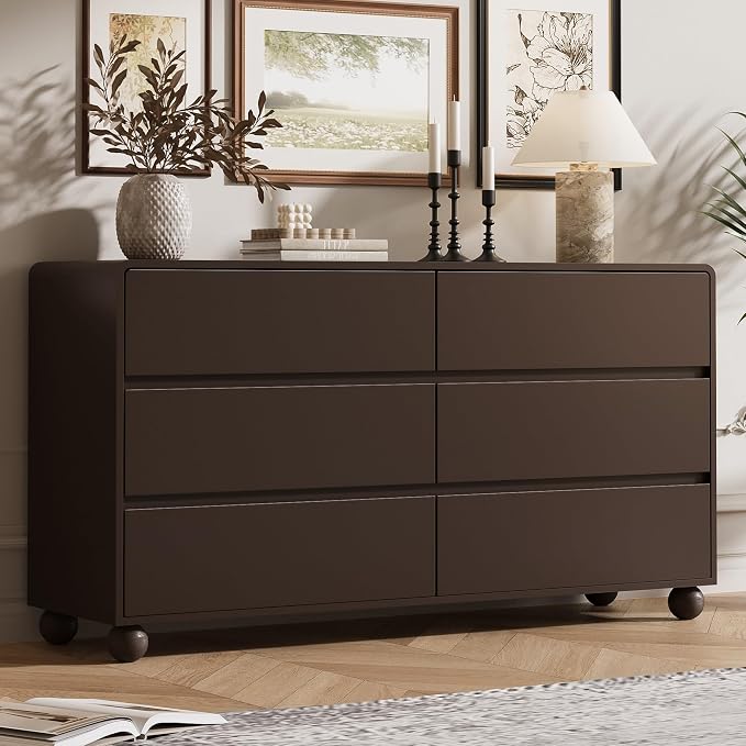 MAISONARIA Mid-Century 3-Piece Dresser Bedroom Set, 6 Drawer Dresser & 2 Drawer Nightstands with Curved Profile Design & Handle Free, Wood Chest of Drawers for Bedroom, Living Room, Hallway, Brown