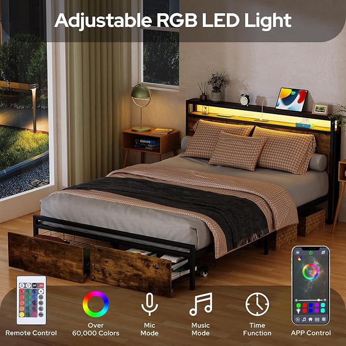 Zevemomo Full Bed Frame with Drawers, Bed Frame Full with LED Lights, Charging Station with 3 USB Ports & 1 Type-C Port, Full Platform Bed Frame with Headboard, No Noise, Rustic Brown
