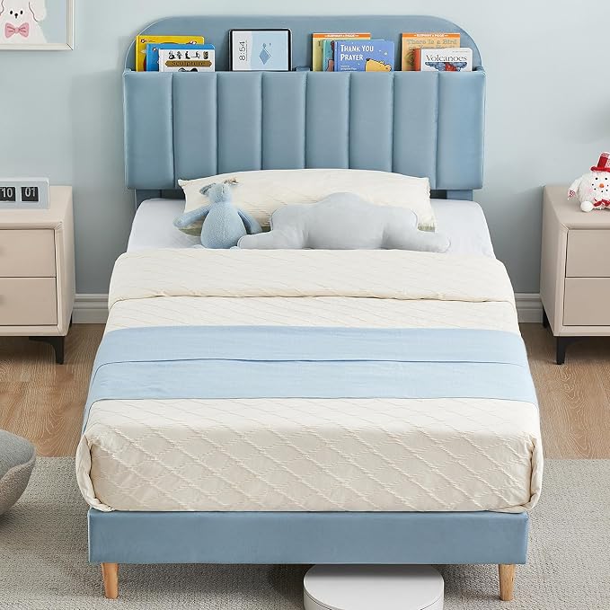 GarveeHome Twin XL Bed Frame with Storage Headboard, Velvet Upholstered Platform Bedframe for Kids, Boy Bed, Strong Wooden Slats, Noise-Free, Easy Assembly, No Box Spring Needed, Blue