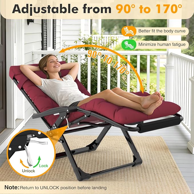 Slendor Oversized Zero Gravity Chairs XXL, 33IN Padded Zero Gravity Lounge Chair, Folding Reclining Patio Chair Lawn Recliner w/Aluminum Alloy Lock, Headrest, Cup Holder, Support 500lbs, Wine Red