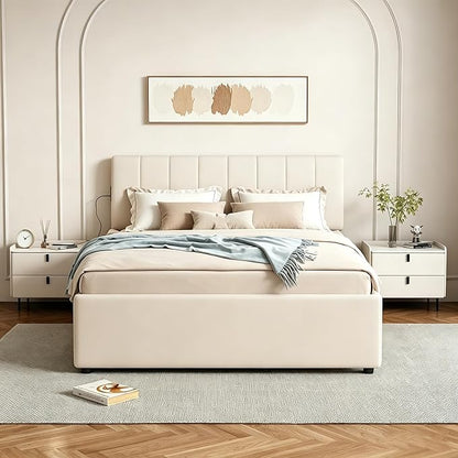 Full Size Upholstered Platform Bed with Pull-Out Trundle Bed | Twin Size Trundle, LED Lighting Controlled by APP, USB+Type-C Charging Ports, Chenille Upholstered Bed Frame,Beige