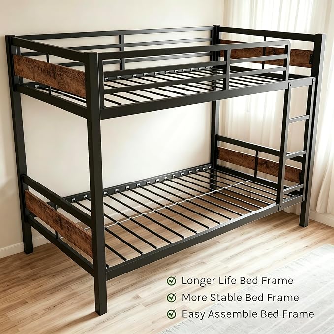 Bunk Bed Full Over Full, Heavy Duty Metal Bunkbeds with Full-Length Guardrail, Space-Saving Steel Bed for Kids & Adults, No Box Spring Required, Rustic Brown