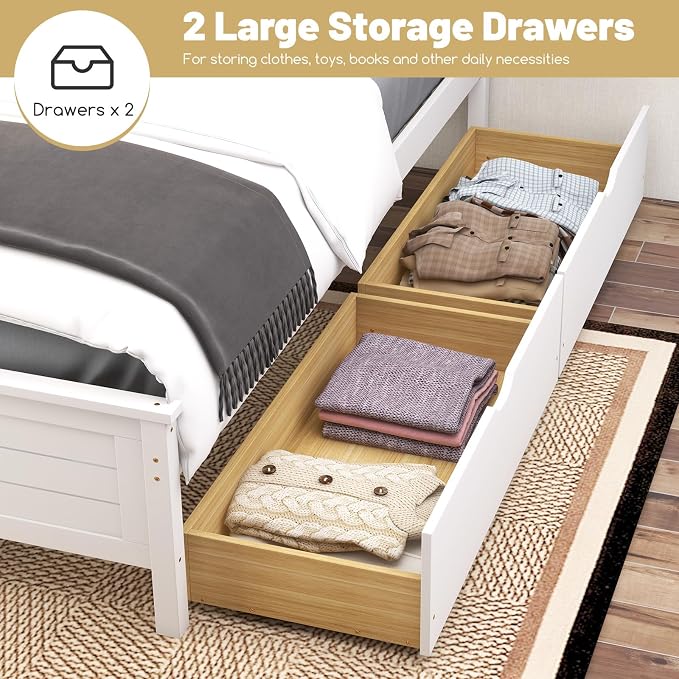 GOFLAME Full Size Bed Frame with 2 Drawers, Platform Bed with Solid Wood Headboard & Footboard, Wood Slats Support Mattress Foundation, Under Bed Storage, No Box Spring Needed, Easy Assembly, White