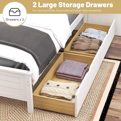 GOFLAME Full Size Bed Frame with 2 Drawers, Platform Bed with Solid Wood Headboard & Footboard, Wood Slats Support Mattress Foundation, Under Bed Storage, No Box Spring Needed, Easy Assembly, White
